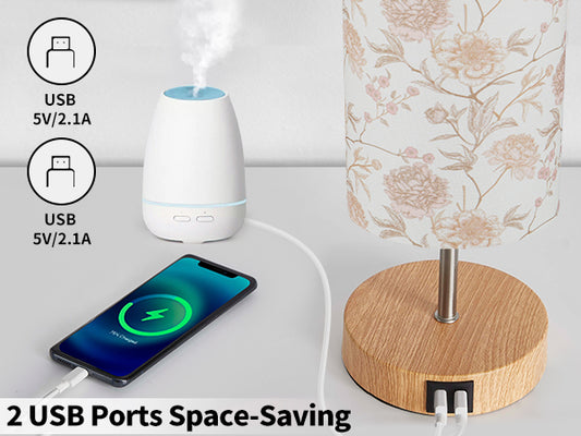 Cinkeda Touch Control Single Small Table Lamp with Dual USB Ports 15" Floral Print 3-Way Dimmable Bedside Nightstand Lamp for Bedroom Living Room (1 Bulb)