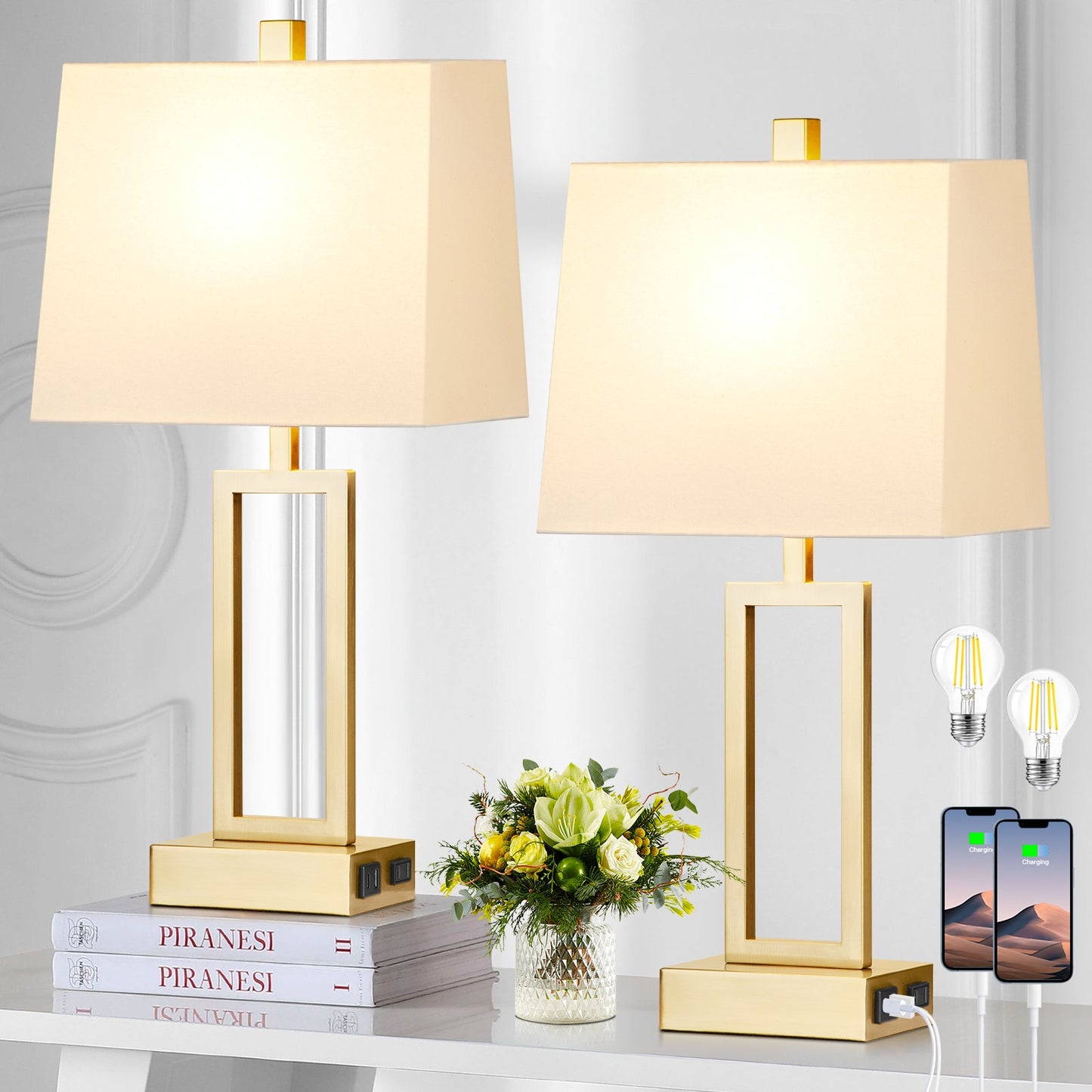 Gold Door Style Table Lamps: Equipped with USB and Type-C Charging Ports, AC Socket and 3-Way Touch Dimming Switch (Set of 2)