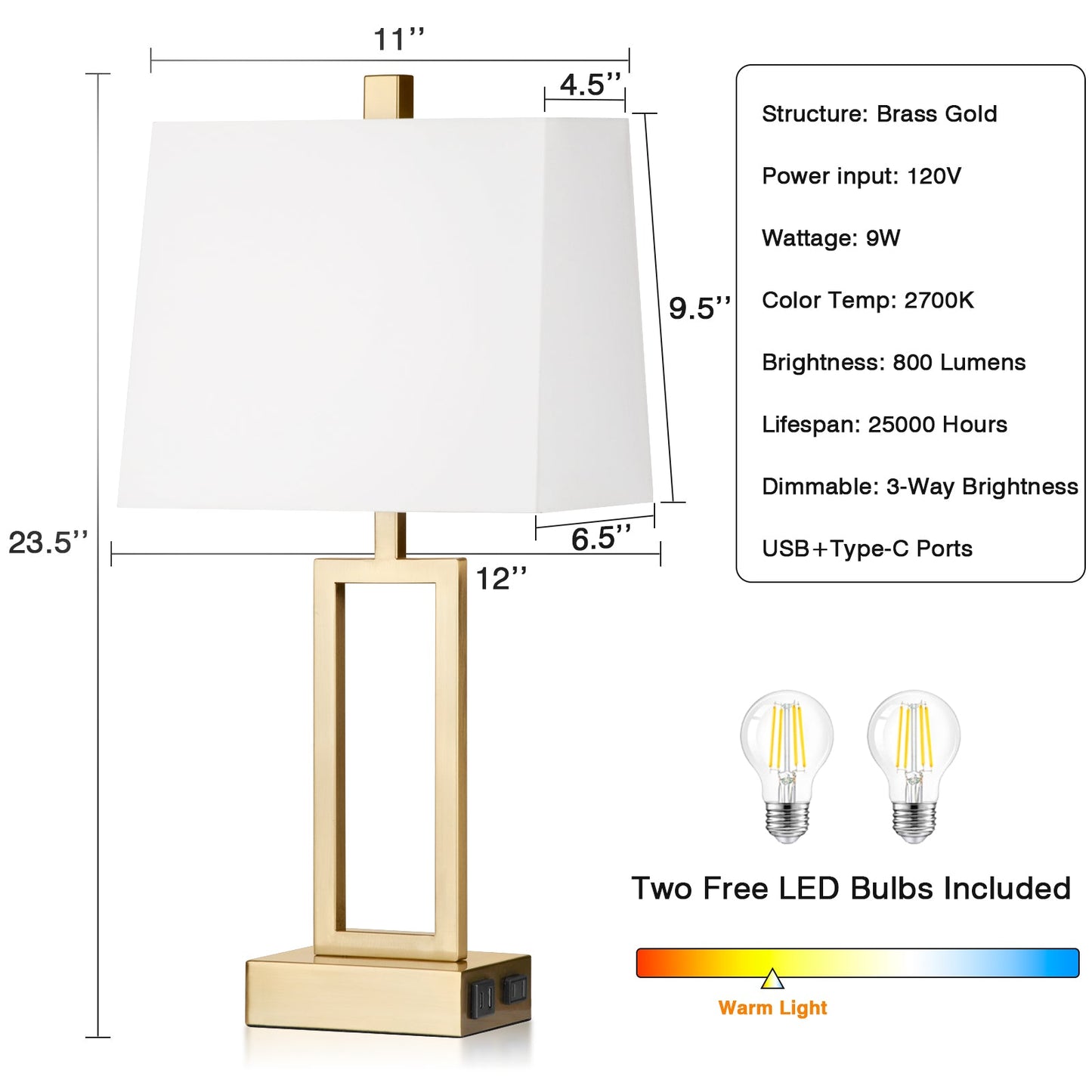 Gold Door Style Table Lamps: Equipped with USB and Type-C Charging Ports, AC Socket and 3-Way Touch Dimming Switch (Set of 2)