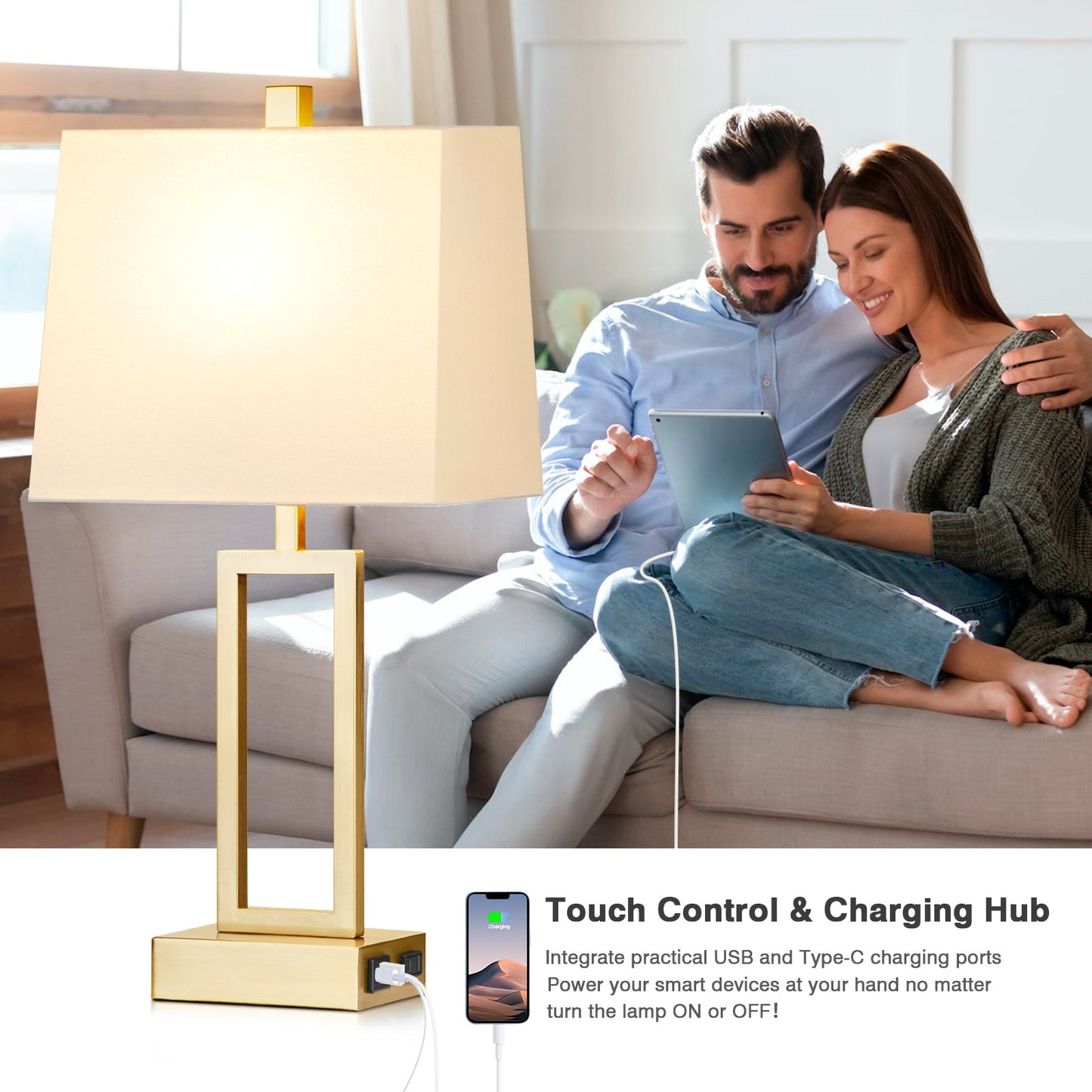 Gold Door Style Table Lamps: Equipped with USB and Type-C Charging Ports, AC Socket and 3-Way Touch Dimming Switch (Set of 2)