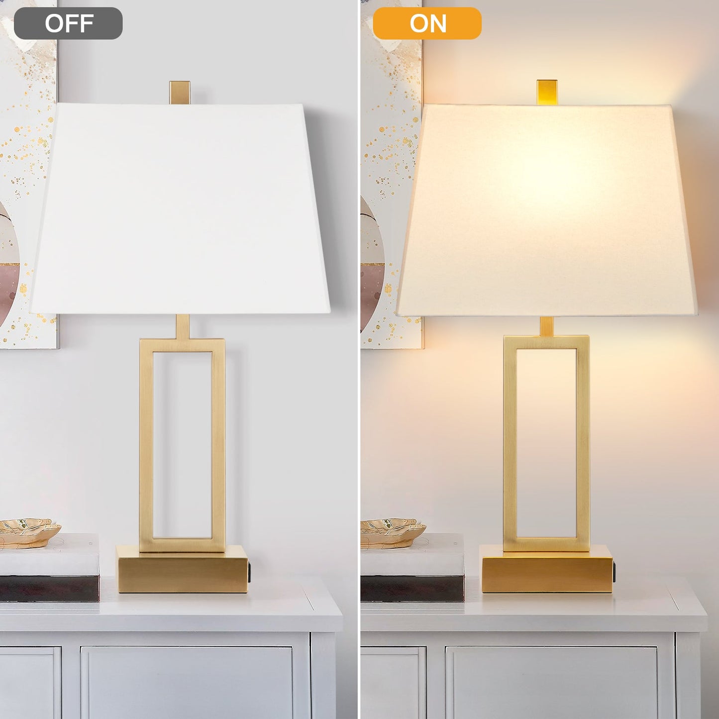 Gold Door Style Table Lamps: Equipped with USB and Type-C Charging Ports, AC Socket and 3-Way Touch Dimming Switch (Set of 2)