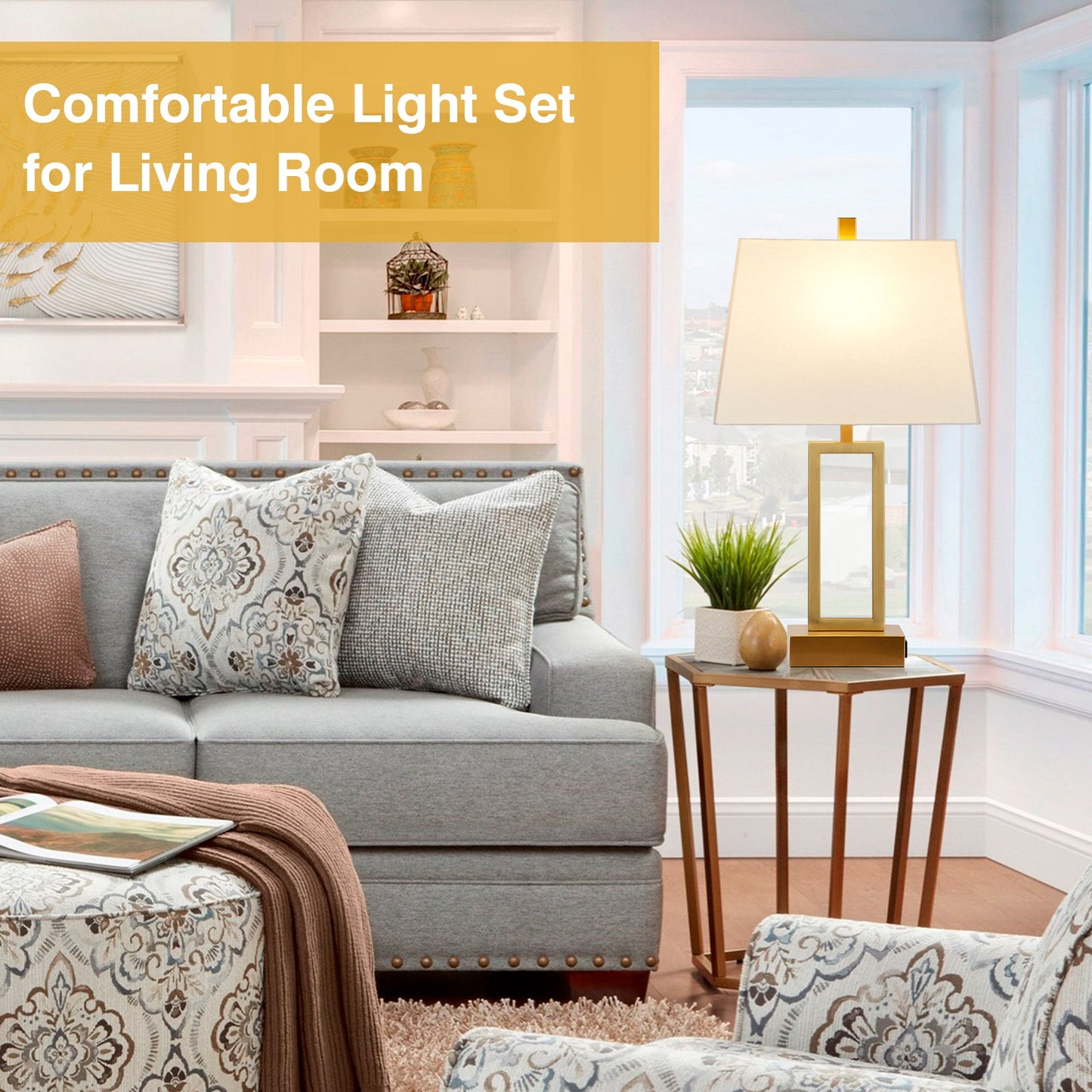 Gold Door Style Table Lamps: Equipped with USB and Type-C Charging Ports, AC Socket and 3-Way Touch Dimming Switch (Set of 2)