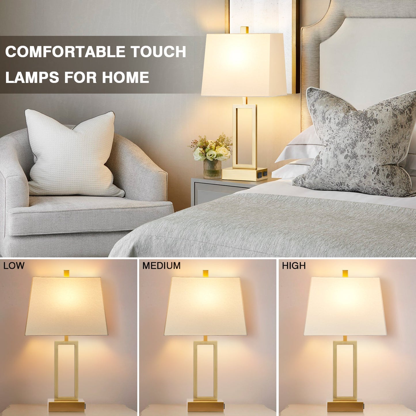Gold Door Style Table Lamps: Equipped with USB and Type-C Charging Ports, AC Socket and 3-Way Touch Dimming Switch (Set of 2)