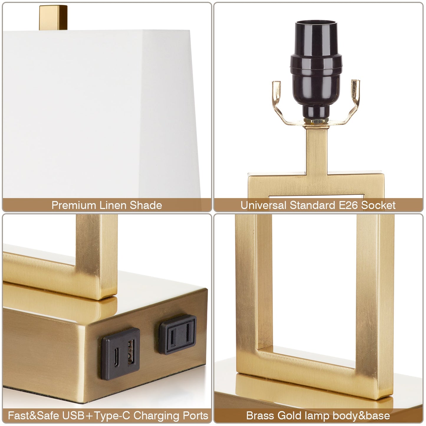 Gold Door Style Table Lamps: Equipped with USB and Type-C Charging Ports, AC Socket and 3-Way Touch Dimming Switch (Set of 2)