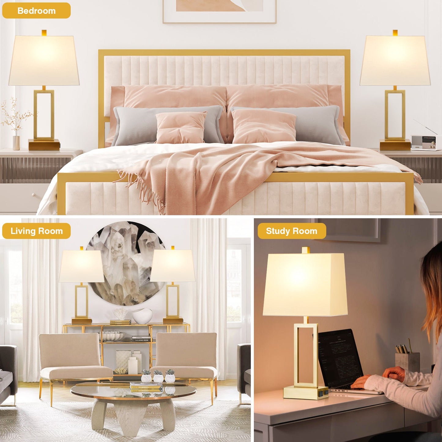 Gold Door Style Table Lamps: Equipped with USB and Type-C Charging Ports, AC Socket and 3-Way Touch Dimming Switch (Set of 2)
