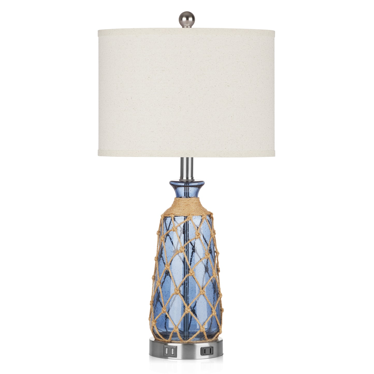 Deep Blue Bubble Glass Table Lamp with Dual USB Charging Ports, AC Outlet, Touch 3-Way Dimming Switch and No Strobe (Set of 2))