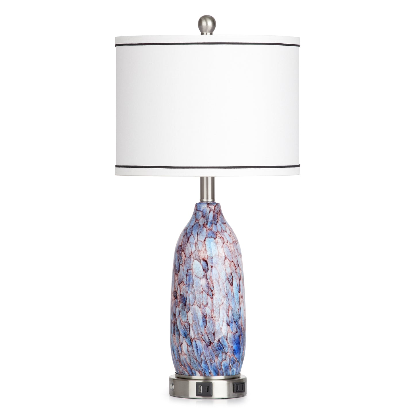 2-in-1 table lamp with nightlight. Indigo glass body. Charging ports & AC outlet. Drum shade, touch dimming switch (Set of 2)