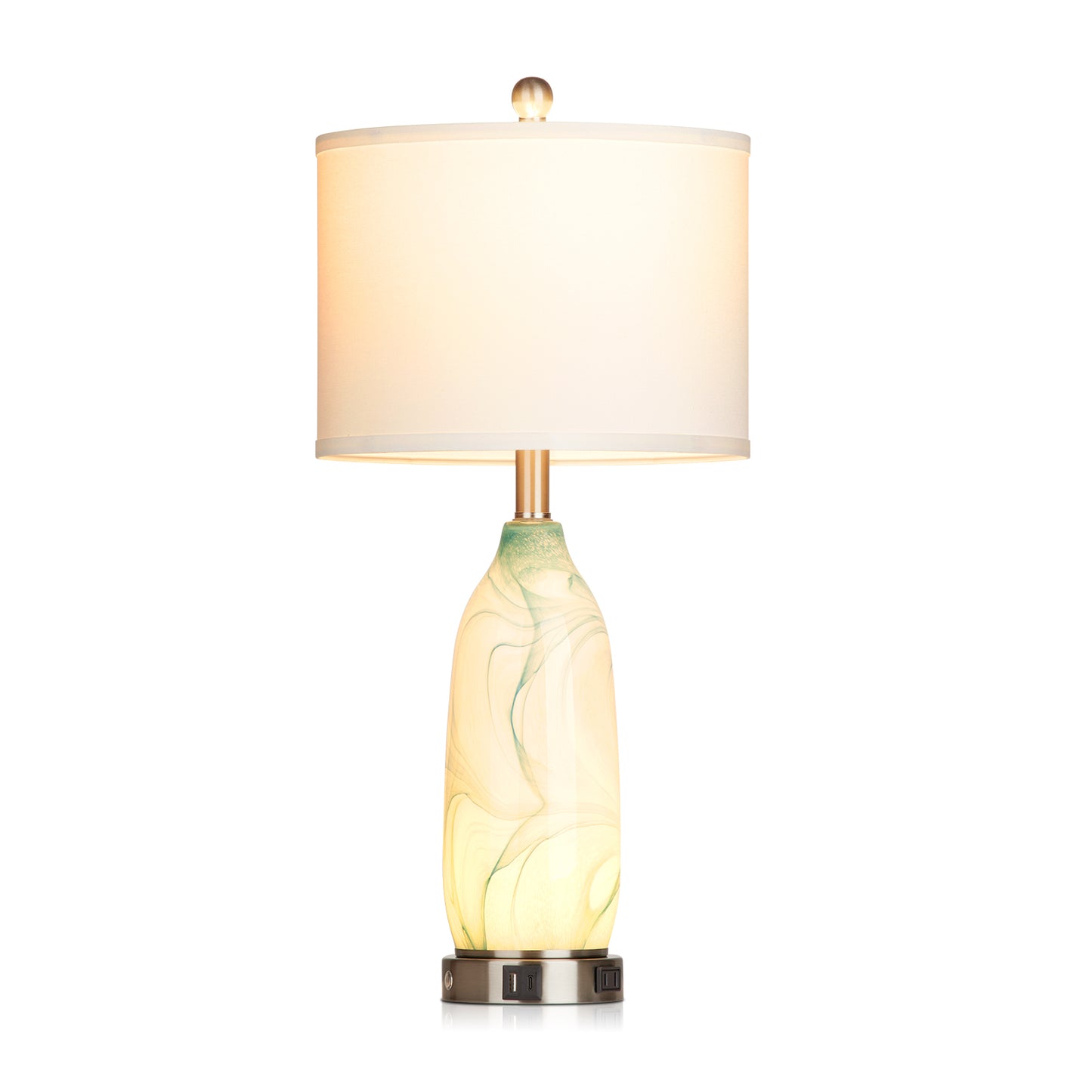 2-in-1 table lamp with nightlight. Blue glass lamp body. Charging ports & AC outlet. Drum shade. Touch switch (Set of 2)