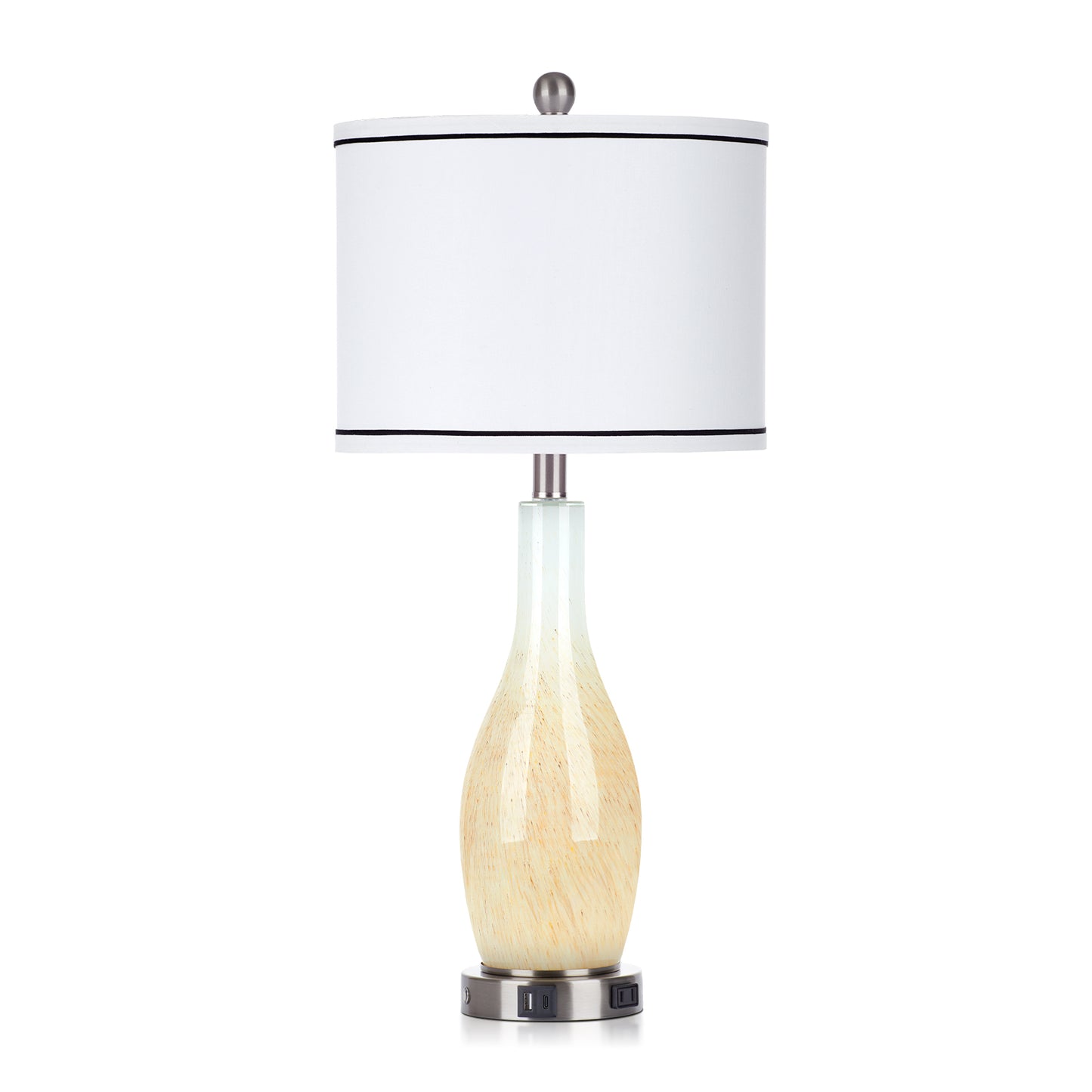 2-in-1 table lamp with nightlight. Nattierblue glass vase style body. Charging port & AC outlet. Drum shade, touch switch (Set of 2)