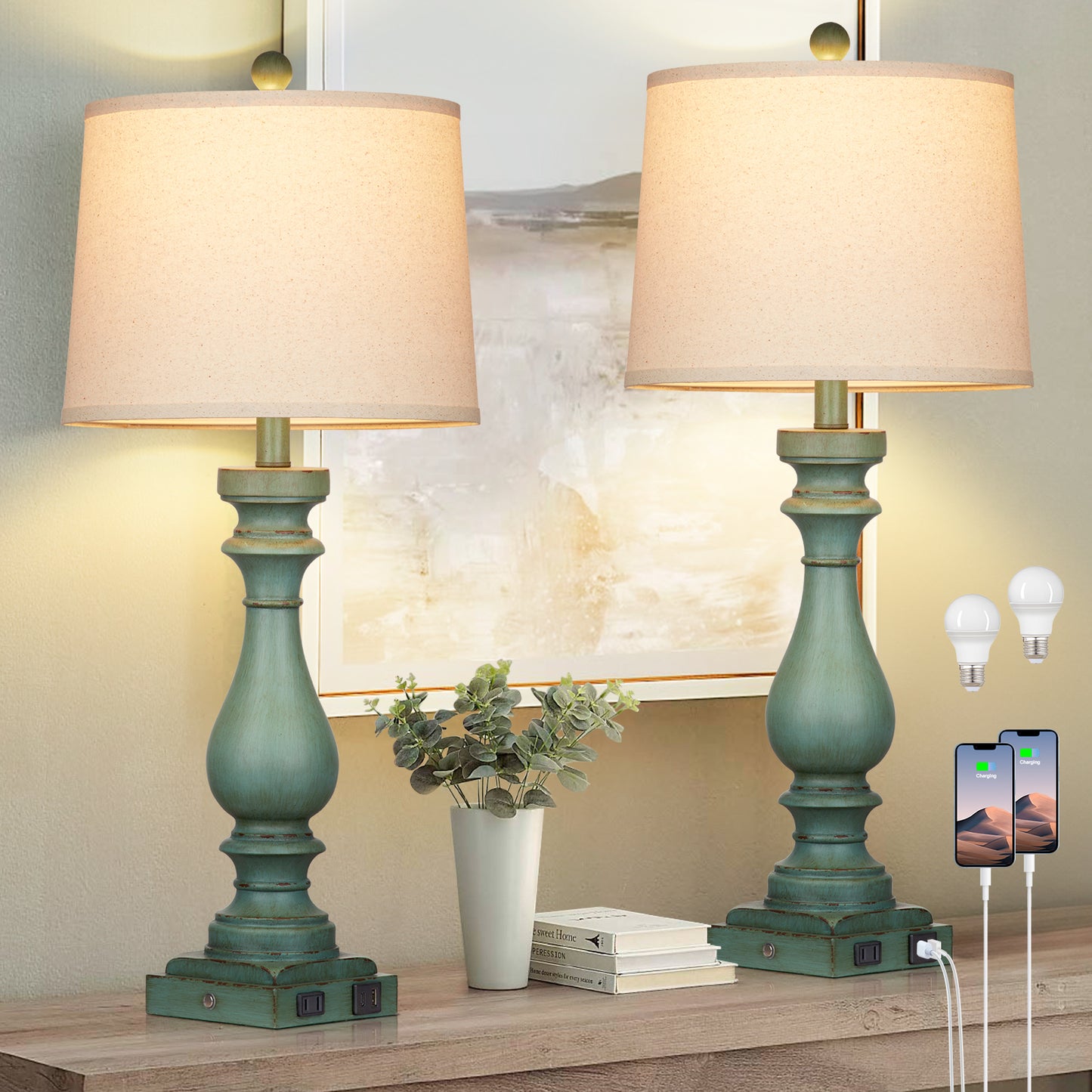 Table lamps with green resin, universal USB Type - C charging ports and AC outlet (Set of 2)