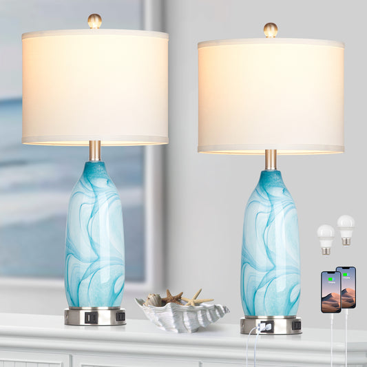 2-in-1 table lamp with nightlight. Blue glass lamp body. Charging ports & AC outlet. Drum shade. Touch switch (Set of 2)