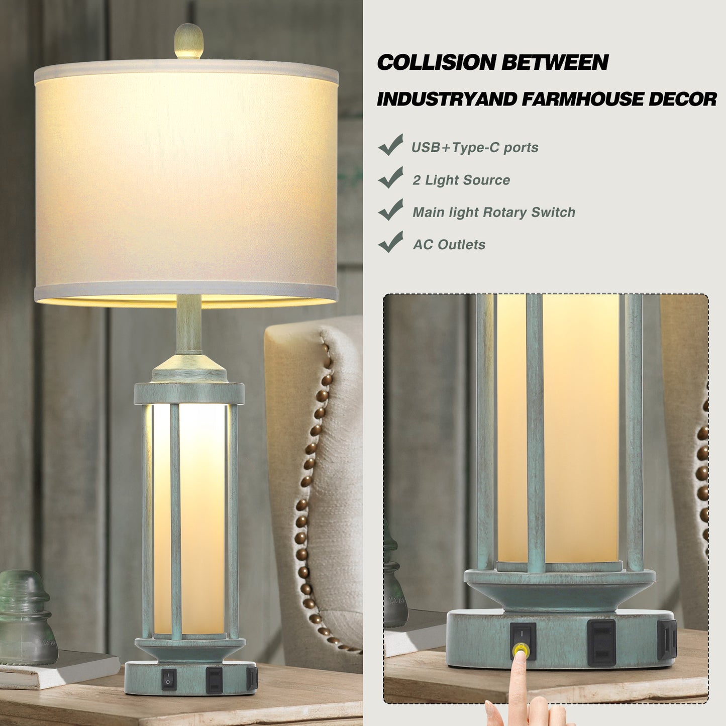 2-in-1 Blue Metal Nightlight Table Lamp featuring Roman Pillar and equipped with USB Type-C Charging Ports and AC Outlet (Set of 2)