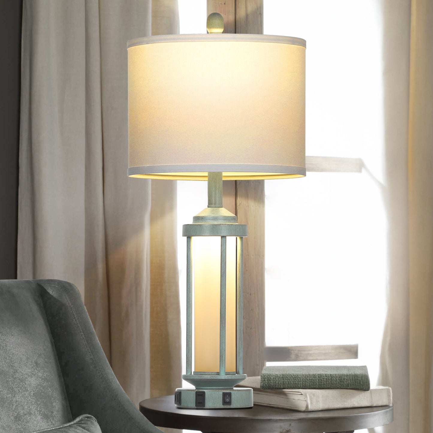 2-in-1 Blue Metal Nightlight Table Lamp featuring Roman Pillar and equipped with USB Type-C Charging Ports and AC Outlet (Set of 2)