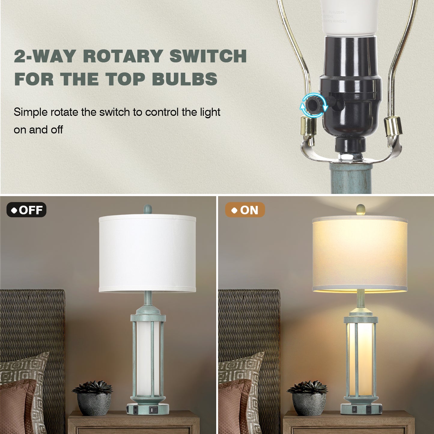 2-in-1 Blue Metal Nightlight Table Lamp featuring Roman Pillar and equipped with USB Type-C Charging Ports and AC Outlet (Set of 2)