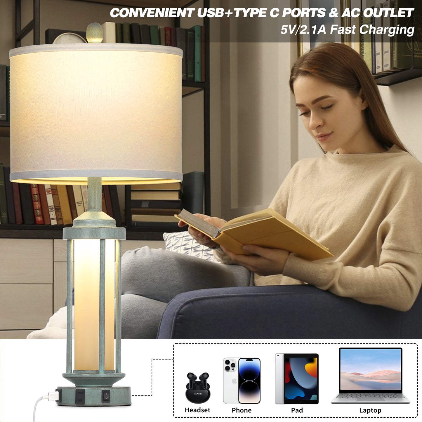 2-in-1 Blue Metal Nightlight Table Lamp featuring Roman Pillar and equipped with USB Type-C Charging Ports and AC Outlet (Set of 2)