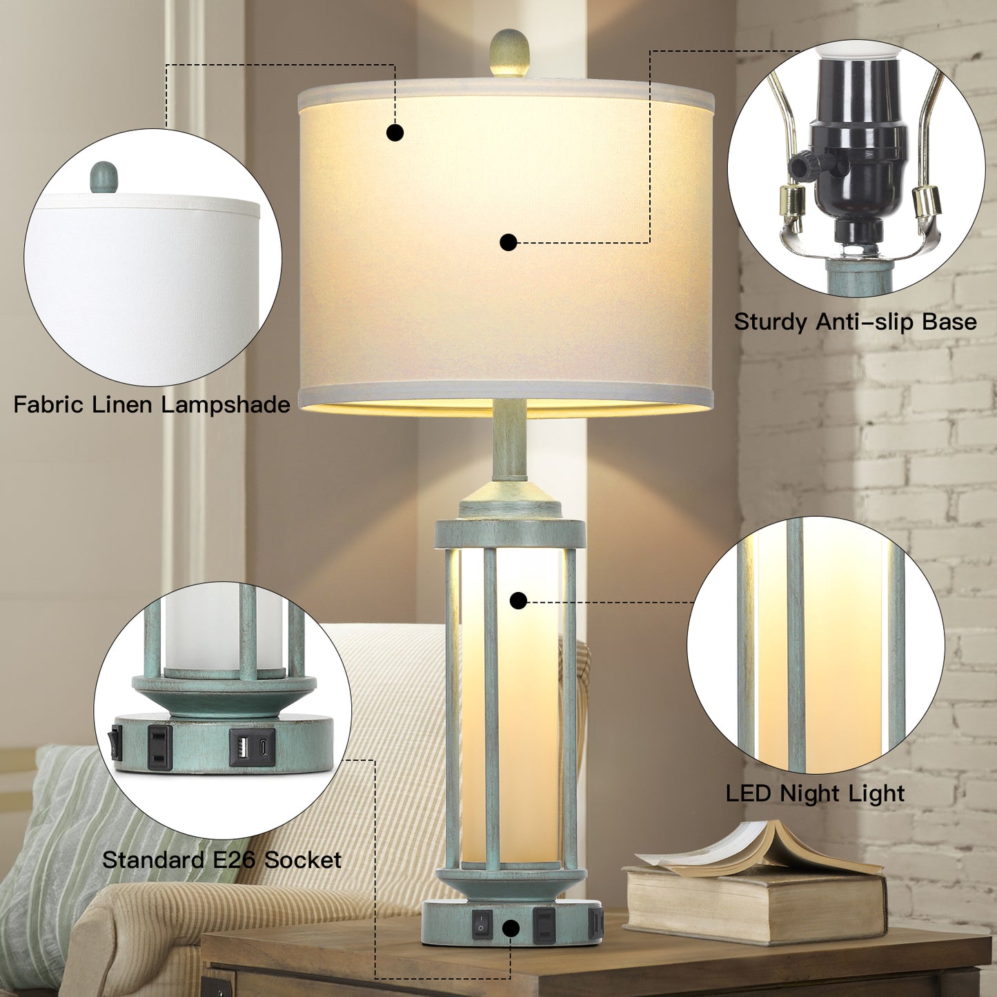 2-in-1 Blue Metal Nightlight Table Lamp featuring Roman Pillar and equipped with USB Type-C Charging Ports and AC Outlet (Set of 2)