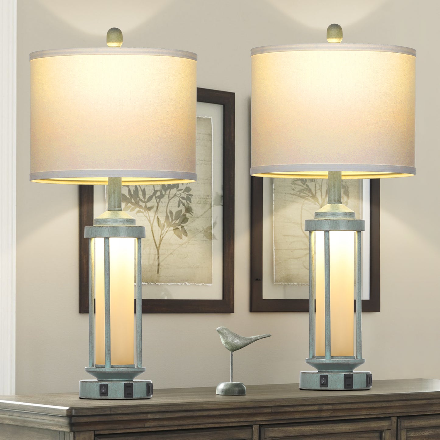 2-in-1 Blue Metal Nightlight Table Lamp featuring Roman Pillar and equipped with USB Type-C Charging Ports and AC Outlet (Set of 2)