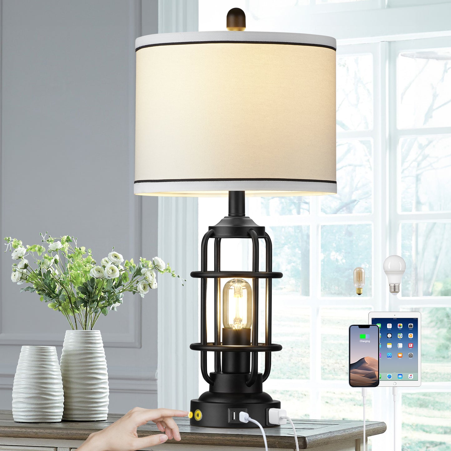 2-in-1 Table Lamps with Nightlight, Featuring a Drum Shade and Touch Dimming (1P)