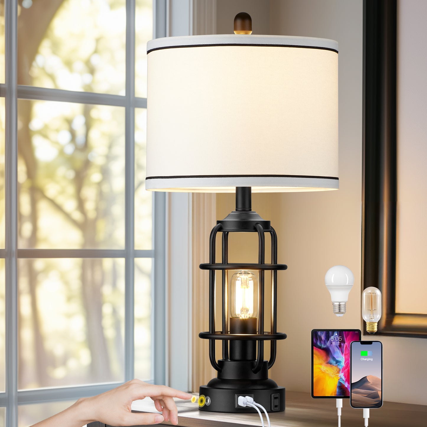 2-in-1 Table Lamps with Nightlight, Featuring a Drum Shade and Touch Dimming (1P)