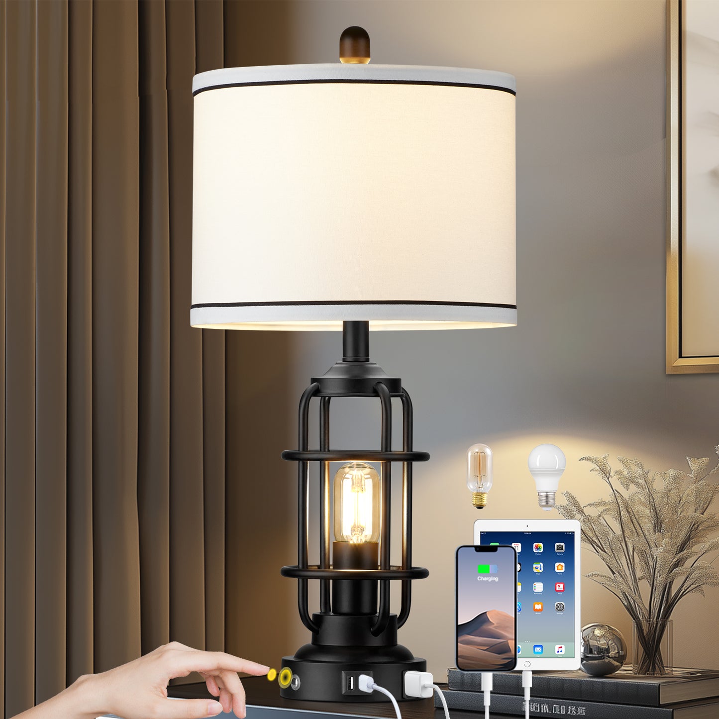 2-in-1 Table Lamps with Nightlight, Featuring a Drum Shade and Touch Dimming (1P)