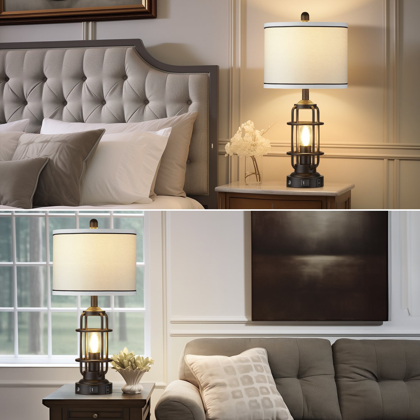 2-in-1 Table Lamps with Nightlight, Featuring a Drum Shade and Touch Dimming (1P)