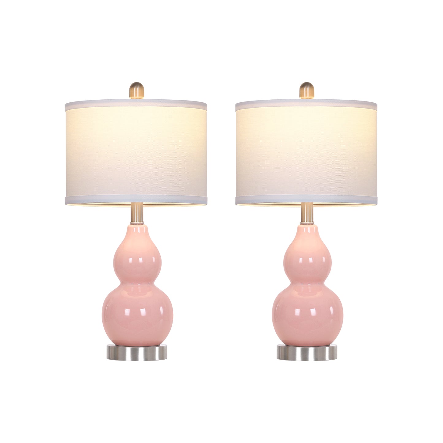 22'' Pink Gourd Ceramic Table Lamp Set (2-Pack) White Linen Shade, E26 LED Bulb Silver Harp & Base