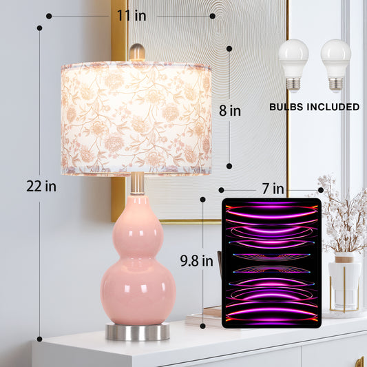 Elegant Pink Ceramic Table Lamp with White Floral-Print Shade, 2-Stage Knob Switch, Includes 9W LED Bulb(Set of 2)
