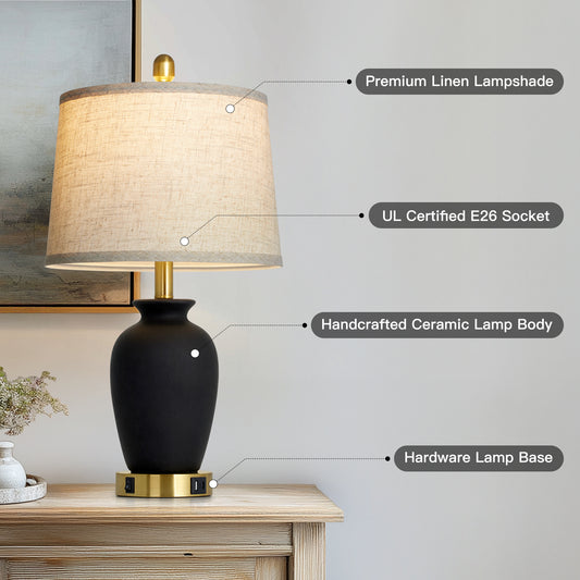 23‘’ Ceramic Table Lamp with USB/Type-C Charging, 3000K LED Bulb & Linen Shade(Set of 2)