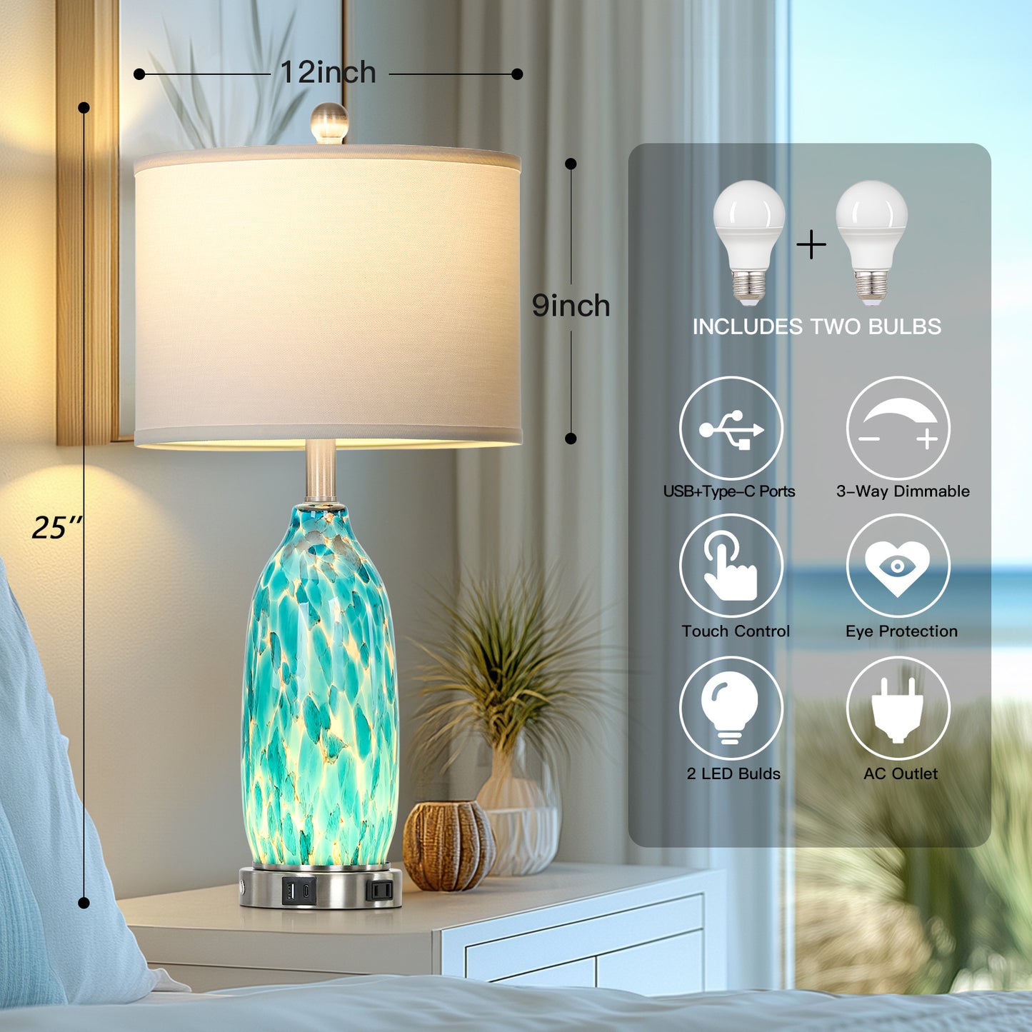 25'' Turquoise Mosaic Table Lamp with USB + Type-C Charging, 3-Way Touch Switch White Linen Shade(Set of 2)