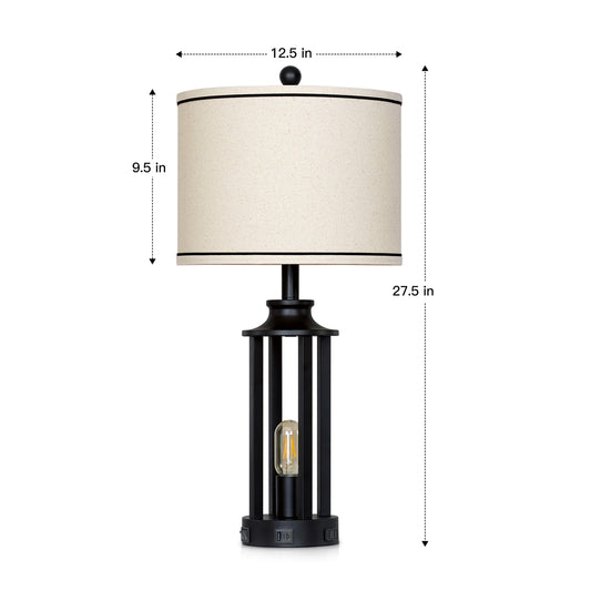 Industrial Farmhouse Table Lamp with Dual Lighting & USB/Type-C Charging Ports(Set of 2)