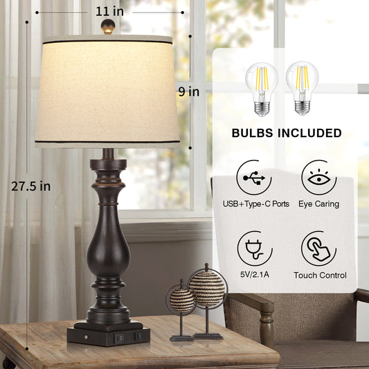 Elegant Vintage Table Lamp with USB & Type-C Ports, 3-Way Dimmable, for Bedroom & Living Room(Set of 2)