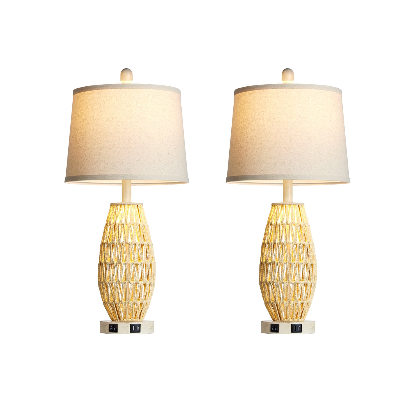 27'' Bedside Rattan Woven Table Lamp Set with USB/Type-C, Dual Switch, Linen Shade & LED Bulbs(Set of 2)