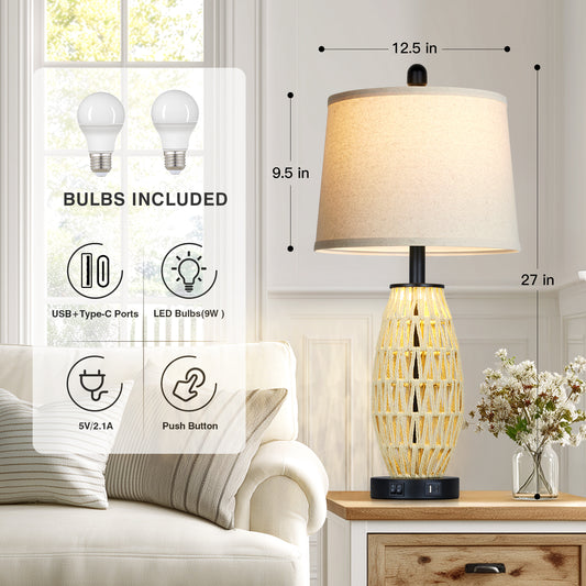 27” Rattan Woven Table Lamp Pair with Linen Shade, 2 Lighting Modes (Main + Night), USB/Type-C Ports, E26 LED Bulbs Included, Boho Coastal Style(Set of 2)