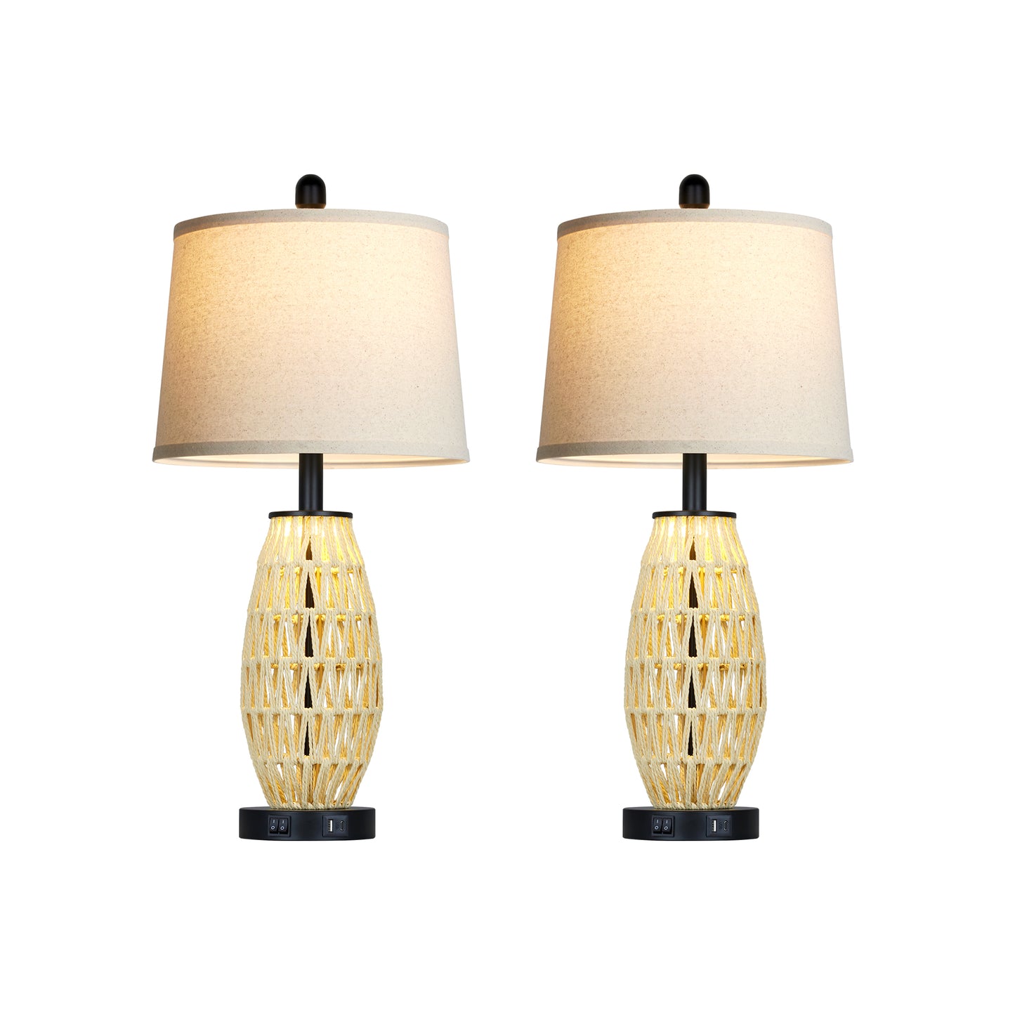 27” Rattan Woven Table Lamp Pair with Linen Shade, 2 Lighting Modes (Main + Night), USB/Type-C Ports, E26 LED Bulbs Included, Boho Coastal Style(Set of 2)