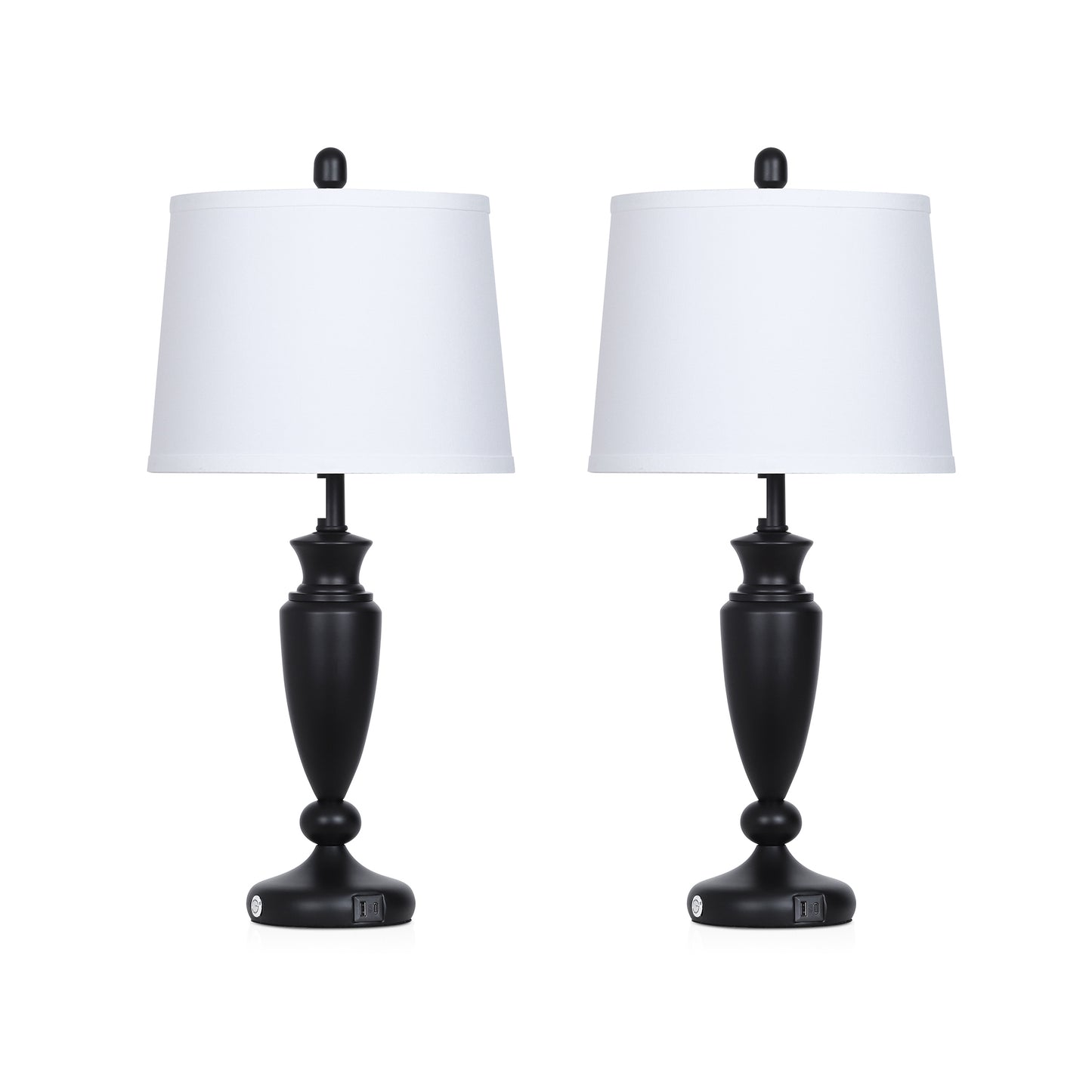 27β Black Table Lamp with USB + Type-C Charging, Dimmable LED Bulb, Linen Shade, 3-Way Touch Control(Set of 2)