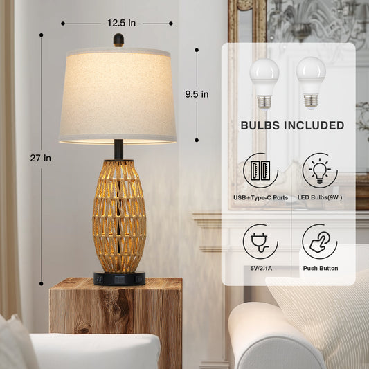 27” Woven Rattan Table Lamp with USB & Type-C Charging, Dual Switches (Main + Night Light), Oatmeal Linen Shade, Includes 9W LED (3000K) & 2W Night Light (2700K)