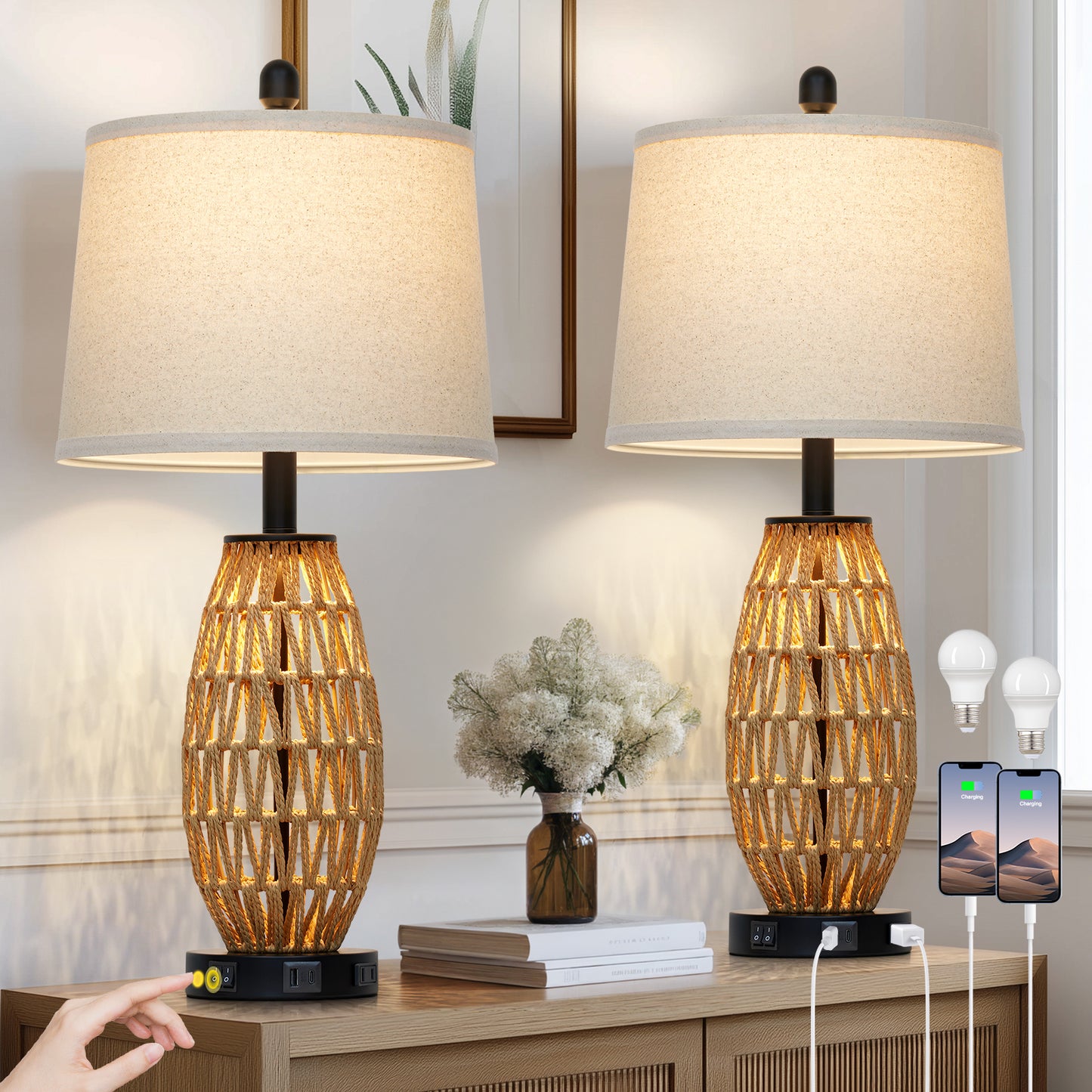 Modern Rustic Table Lamps with Woven Base, Dual Lighting, USB-C Fast Charging and AC Outlet(Set of 2)