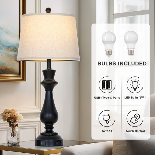 29.5” Modern Farmhouse Table Lamp Pair – Oatmeal Linen Shade, USB & Type-C Charging, 3-Way Touch Dimmer(Set of 2)