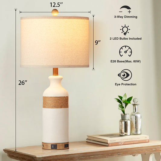 White resin table lamp Touch dimming switch USB & Type-C ports AC outlet No strobe (Set of 2)