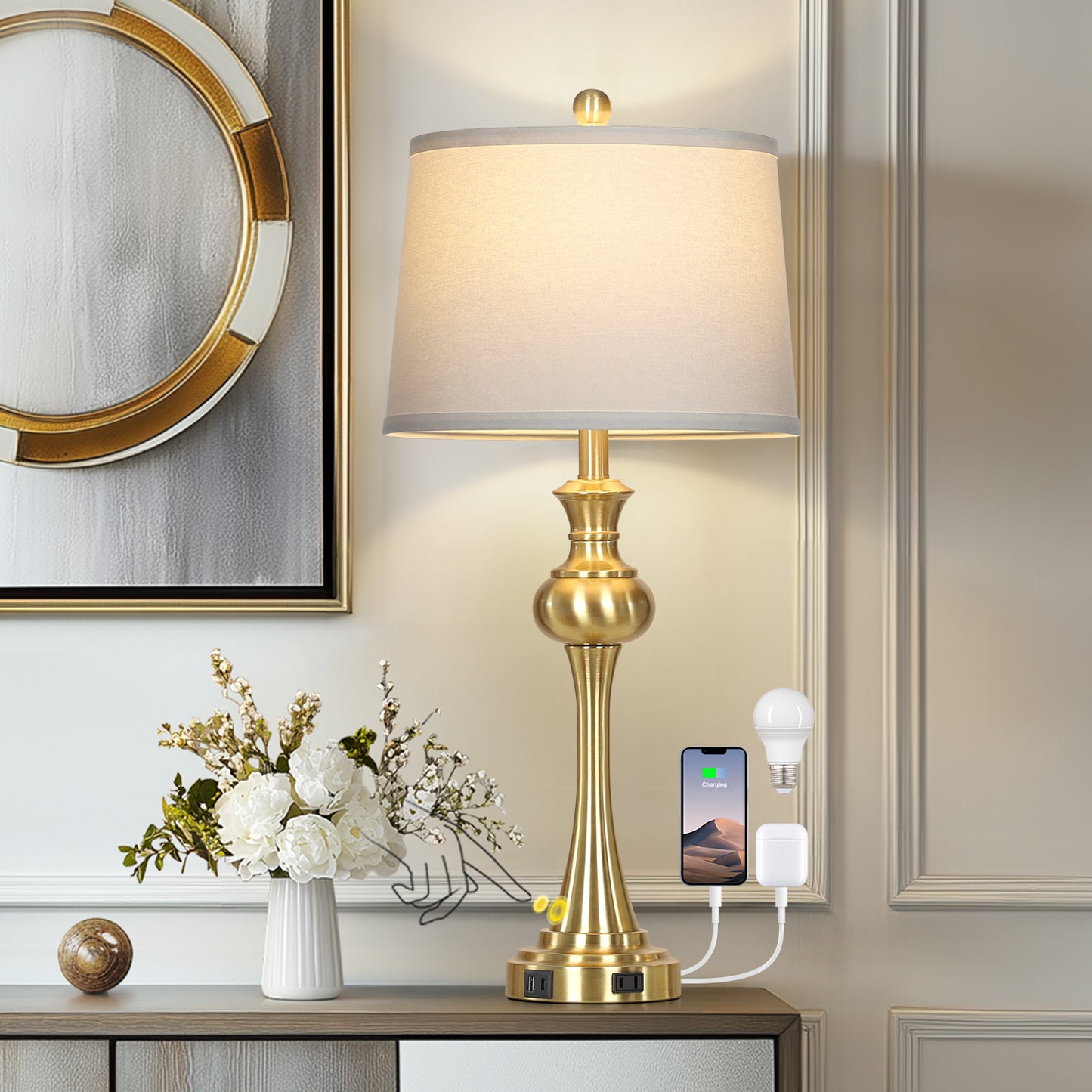 Cinkeda 28.75" Tall Single Table Lamp for Living Room Bedroom with USB C+A Ports AC Outlet Modern Gold 3 Way Dimmable Touch Control Nightstand Bedside Lamp