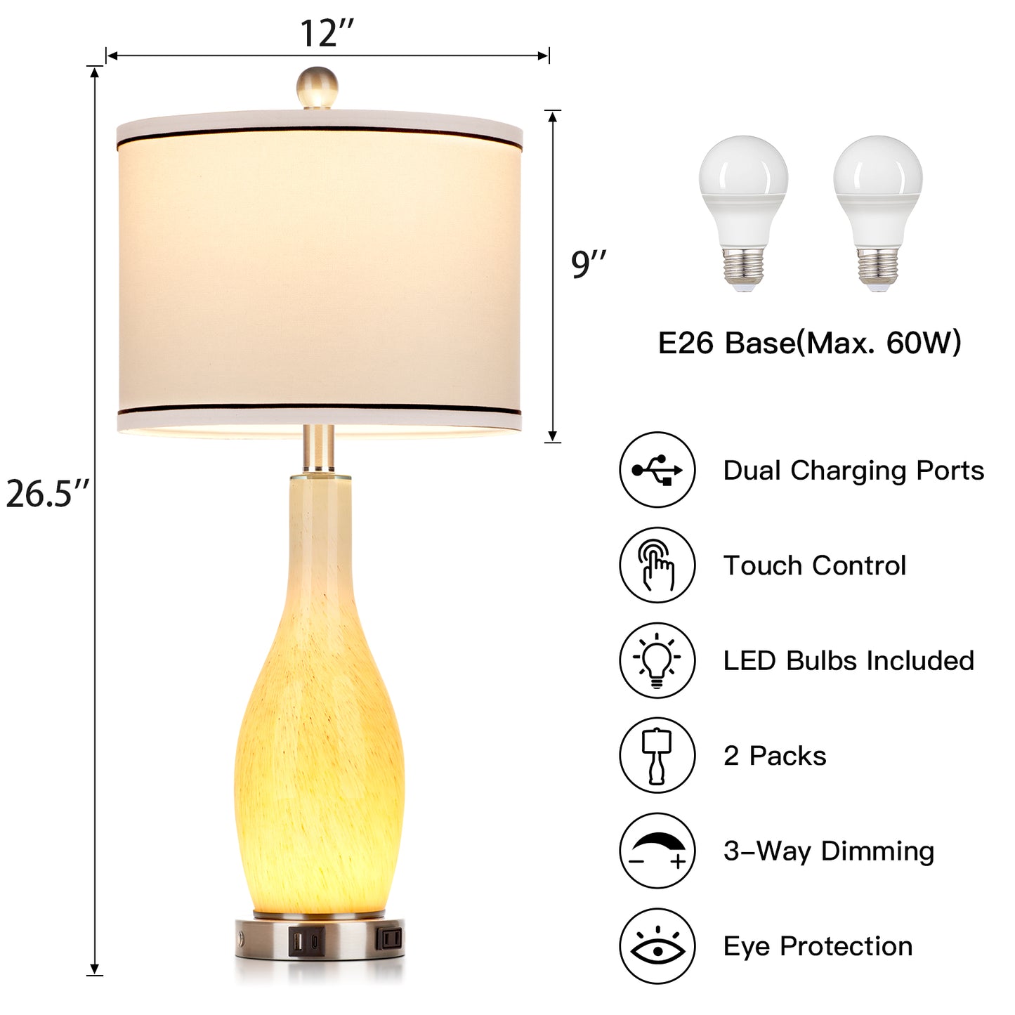 2-in-1 table lamp with nightlight. Nattierblue glass vase style body. Charging port & AC outlet. Drum shade, touch switch (Set of 2)