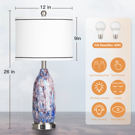 2-in-1 table lamp with nightlight. Indigo glass body. Charging ports & AC outlet. Drum shade, touch dimming switch (Set of 2)