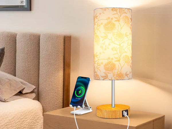 Cinkeda Touch Control Single Small Table Lamp with Dual USB Ports 15" Floral Print 3-Way Dimmable Bedside Nightstand Lamp for Bedroom Living Room (1 Bulb)