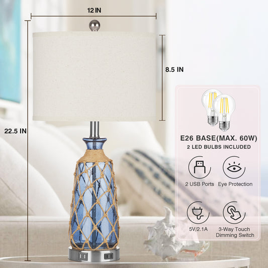 Deep Blue Bubble Glass Table Lamp with Dual USB Charging Ports, AC Outlet, Touch 3-Way Dimming Switch and No Strobe (Set of 2))