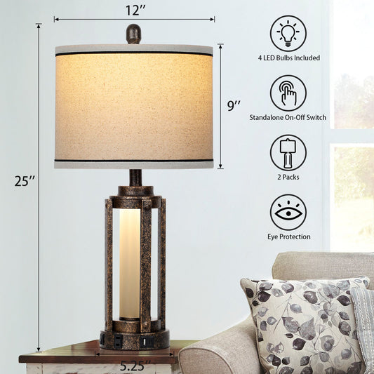 Black Gold Matte Metal Table Lamp with Roman-Cylinder Glass 2-in-1 Nightlight (Set of 2)