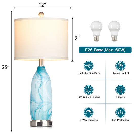 2-in-1 table lamp with nightlight. Blue glass lamp body. Charging ports & AC outlet. Drum shade. Touch switch (Set of 2)