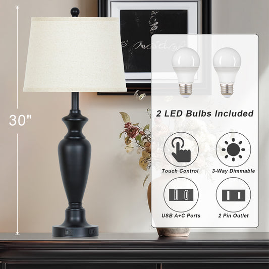 Modern Table Lamps with Oatmeal Fabric Shades, USB/Type-C Ports & Touch Dimming(Set of 2)