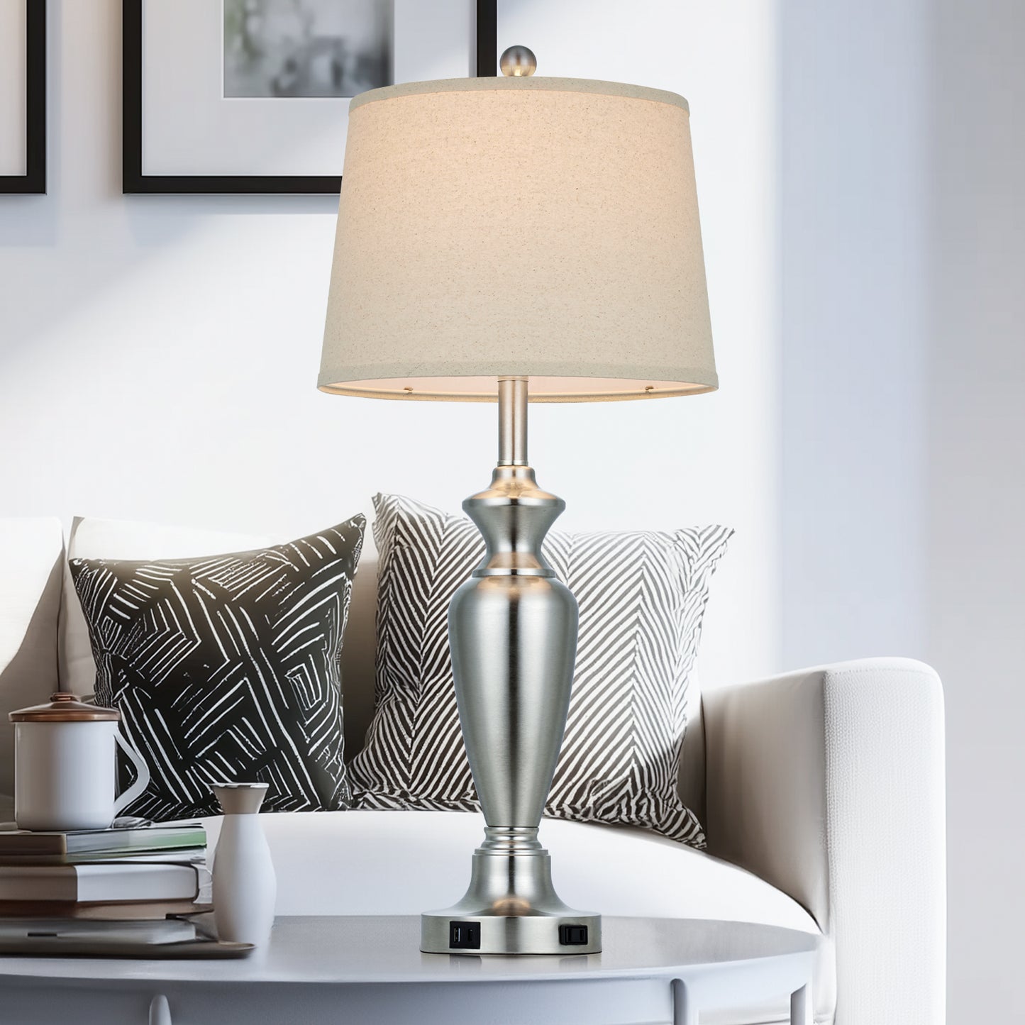 30‘’ Modern Silver Table Lamp with Oatmeal Linen Shade, USB/Type-C Charging & Touch Dimmer(Set of 2)