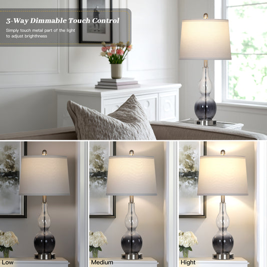 Cinkeda 28" Gradual Gray Glass Table Lamps Set of 2, 3-Way Touch Dimmable with USB Ports & AC Outlet, Modern Bedside Lamps for Bedroom Living Room