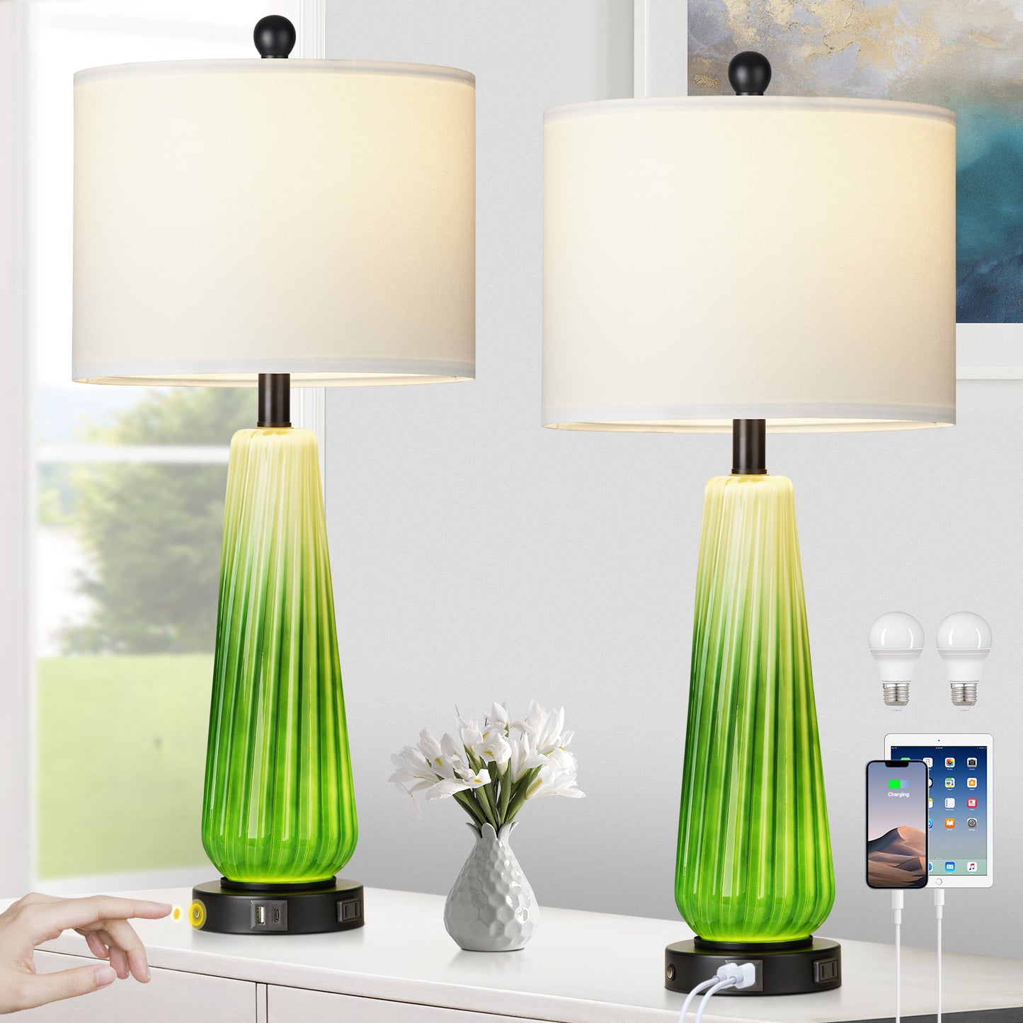 2-in-1 Table Lamps Nightlight in Glass with Green Ripple Style and Rotary Switch & Touch Switch (Set of 2)